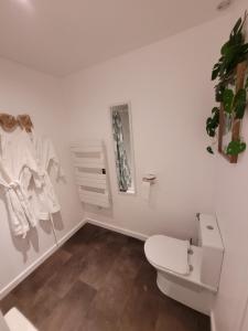 翁弗勒尔La maison père camembert的白色的浴室设有卫生间和窗户。