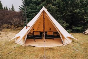 塞尔福斯Golden Circle Tents - Glamping Experience的田野里带椅子的帐篷