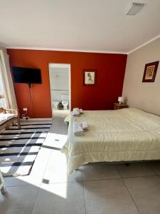 萨尔塔POSTA 20 - Cálido apartamento temporario!的一间卧室设有一张床和红色的墙壁