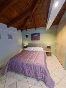 斯巴达Semelia's Guest house的一间卧室配有一张大床和紫色床罩