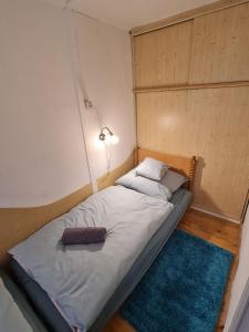 科马罗姆Nébel Vendégház的小卧室配有带灯的床铺