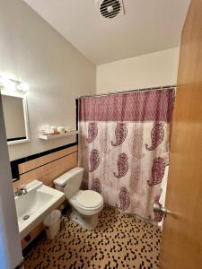 布法罗莱诺克斯酒店和套房的浴室设有卫生间、水槽和淋浴帘