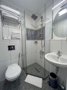 萨拉热窝Amber Hotel的带淋浴、卫生间和盥洗盆的浴室