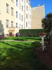 莱格尼察Apartament PAPROTKA 100m的停在大楼前的草地上的自行车