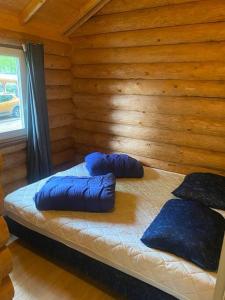 塞弗讷姆Houten boomstammenhuisje的木质客房的一张床位,上面有蓝色枕头