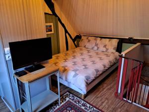 Trie-Château切斯·罗宾斯度假屋的一间卧室配有一张床和一张带电脑显示器的书桌