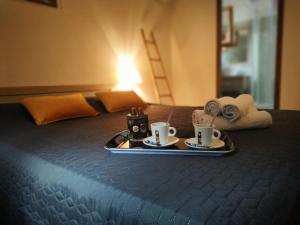 奥尔梅托Casa Stella的床上的托盘,上面放着两杯咖啡