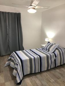 康考迪亚Amplio, luminoso y centrico dep. 3 dorm的一间卧室配有带条纹毯子的床