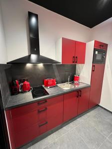 勒米尔蒙spa de la quarterelle LOVE ROOM 88 VOSGES的红色的厨房配有炉灶和水槽