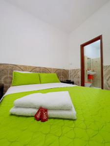圣奥古斯丁HOTEL LA GAITANA HEROINA INDIGENA的一张带白色毛巾和镜子的绿色床