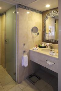 萨卡特卡斯阿萨卡特卡斯帝王酒店的浴室配有盥洗盆和带镜子的淋浴