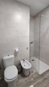 El AlquiánApartamento en Costacabana的浴室配有卫生间、淋浴和盥洗盆。