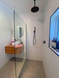 塔南达The Beech House-Hill views, peaceful location, 2BR的设有带镜子和水槽的淋浴的浴室