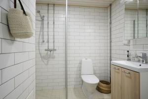 图尔库Fleminginkatu的带淋浴、卫生间和盥洗盆的浴室