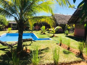 迭戈苏瓦雷斯Le Trou Normand的棕榈树房子的院子内的游泳池