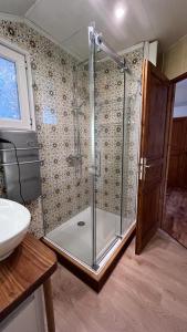 BrénodL'Ermitage de Meyriat的浴室里设有玻璃门淋浴