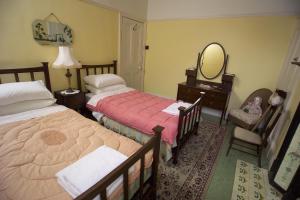 斯旺西狄兰托马斯乡村民宿的一间卧室配有两张床、镜子和椅子