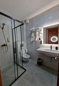 萨兰达考尼亚酒店的带淋浴、盥洗盆和卫生间的浴室