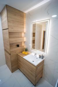 普雷绍夫Po City Newly Built Apartment的一间带水槽和镜子的浴室