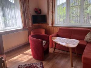 茵特斯托德Waldhaus的客厅配有红色的沙发和桌子