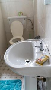 库马西Sign of Silence Hostel的浴室配有白色水槽和卫生间。