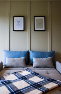 Saul Lodges的一张沙发,配有两个枕头,墙上有两张照片