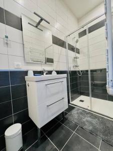 沙泰勒吉永Le Gamay - Charmant T2 avec parking et Terrasse的带淋浴、盥洗盆和镜子的浴室