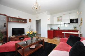 托伦Apartament Chełmiński的一间带红色沙发的客厅和一间厨房