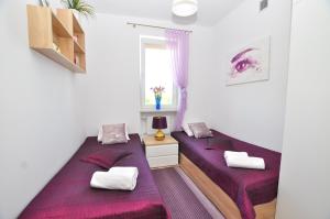 托伦Apartament Chełmiński的配有紫色床单和窗户的客房内的两张床