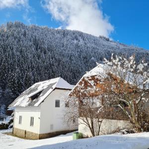 穆劳Murzeit Zweite的一座有雪盖的房子,后面有一座山