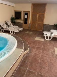 赫维兹Garda Apartman的一个带游泳池、躺椅和游泳池的房间