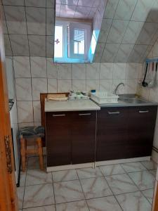 普雷代亚尔可可旅馆的一个带水槽和镜子的小厨房