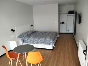 BogucinMotel Express的卧室配有一张床和一张桌子及椅子