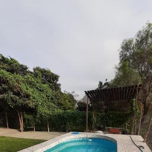 卢那欢纳Casa de Campo Villa Angélica Lunahuaná的一个带凉棚的庭院内的游泳池