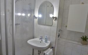 巴特莱辛哈尔Appartement Traumblick的白色的浴室设有水槽和淋浴。