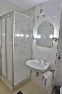 巴特莱辛哈尔Appartement Traumblick的带淋浴和盥洗盆的浴室