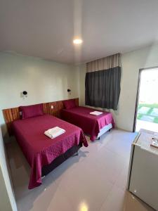 巴雷里尼亚斯Pousada Mangaba的客房设有两张床和窗户。