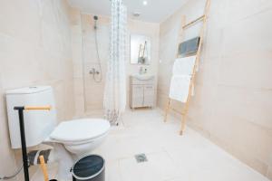 尼亚米卡尼奥纳Seashell Guesthouse的白色的浴室设有卫生间和淋浴。