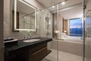 芽庄Panorama Apartment Nha Trang的一间带水槽和淋浴的浴室以及一张床