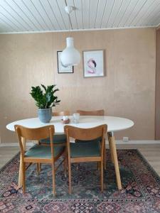安德内斯House in the center of Andenes的餐桌,配有两把椅子和盆栽植物