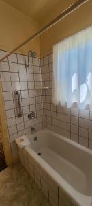 隆派恩道尔历史酒店的带浴缸的浴室和窗户。