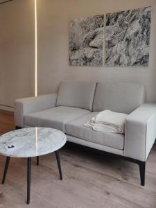 鹿特丹tiny house的客厅配有沙发和桌子