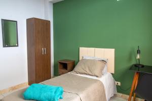 圣保罗Hostel Cambuci的一间卧室配有一张带绿色墙壁的床