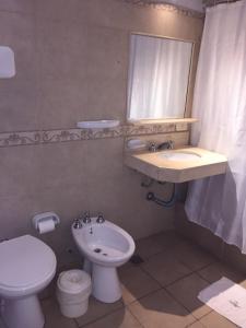 康考迪亚Centro Plaza Hotel的一间带水槽、卫生间和镜子的浴室