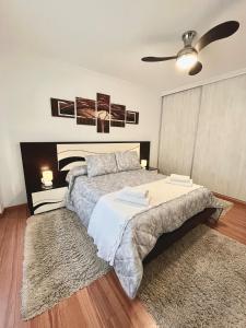 艾利亚德亚罗萨Apartamento Praia Naval的一间卧室配有一张床和吊扇