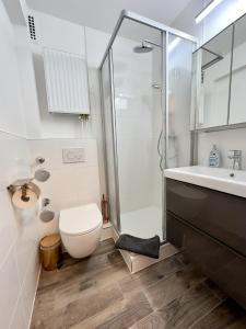 汉诺威Apartment für 3 Gäste mit kostenlosen Parkplätzen und Lift的带淋浴、卫生间和盥洗盆的浴室