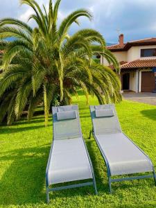 里瓦德塞利亚Casa Mojapies的两张床位于棕榈树旁边的草丛中