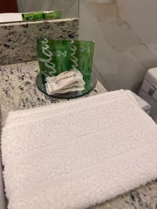 巴雷里尼亚斯Pousada Mangaba的浴室的台面上堆着白色毛巾