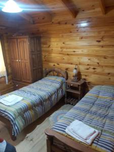 圣卡洛斯-德巴里洛切La Peninsula Cabaña的小木屋内一间卧室,配有两张床