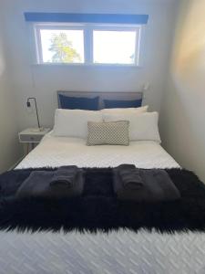 汉密尔顿Lovely Newly Renovated Home的一间卧室配有一张床上的黑色毯子